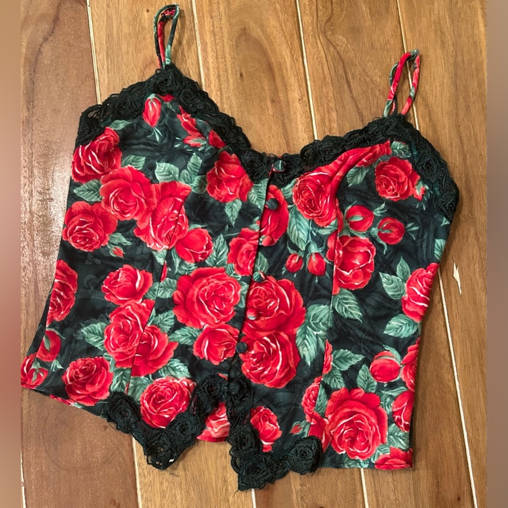 Vintage Victorias Secret Gold Label Red Rose Floral Lace‎ Camisole Green Y2K P